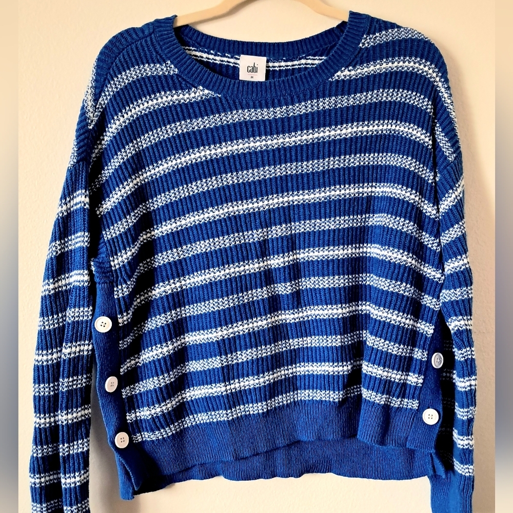 CAbi Navy and White Striped Crew Neck Sweater